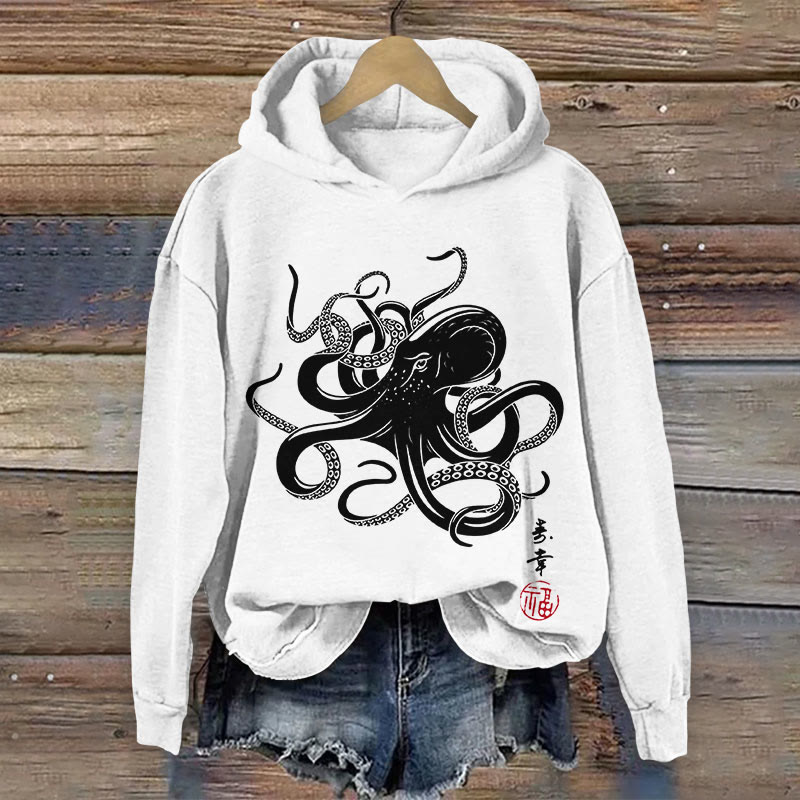 Octopus Japanese Calligraphy Gyotaku Art Print Long Sleeve Hoodie - White - 8XL - image 1