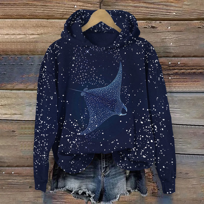 Starlit Manta Ray Art Print Long Sleeve Hoodie - Dark Blue - 8XL - image 1