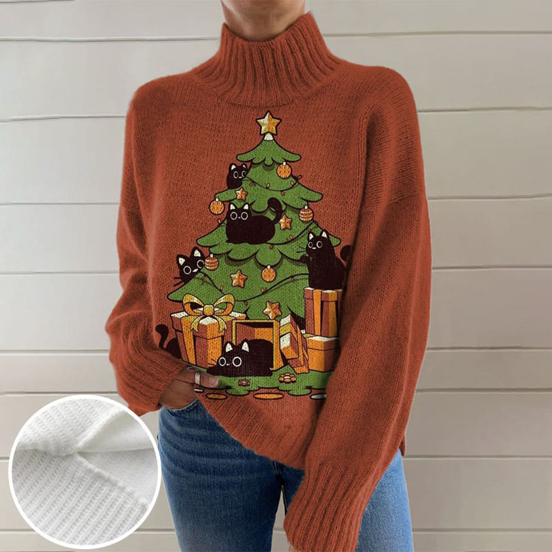 Retro Cat Gifted Christmas Tree Print Turtleneck Pullover Sweater - Caramel - 4XL - image 1
