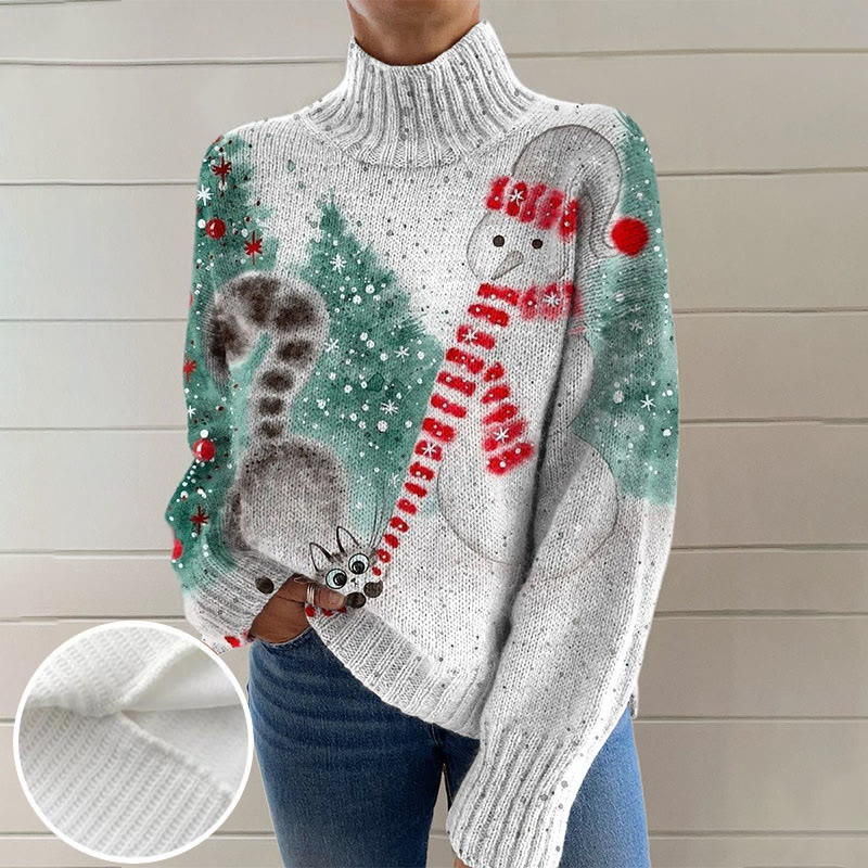Retro Christmas Cats And Snowmen Print Turtleneck Pullover Sweater - Light Gray - 4XL - image 1