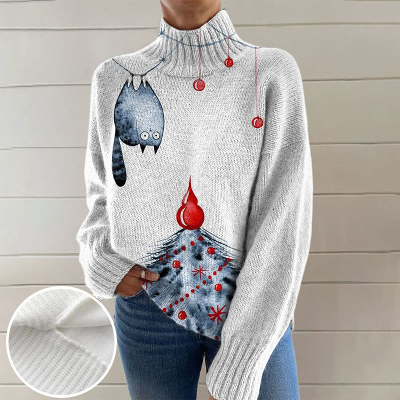 Retro Christmas Funny Cats Print Turtleneck Pullover Sweater - Light Gray - 4XL - image 1
