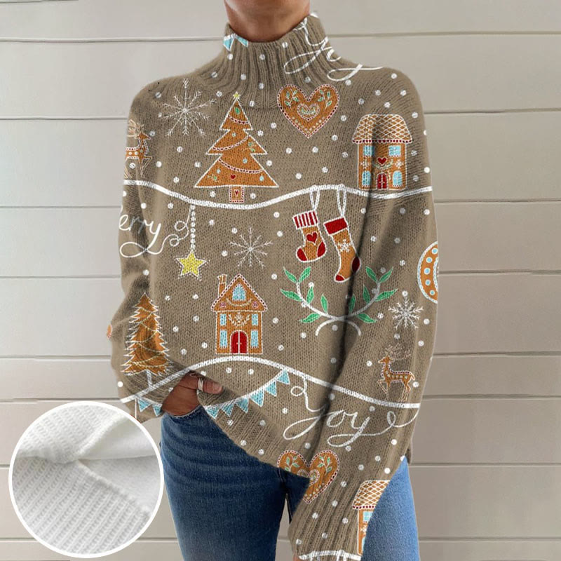 Vintage Christmas Cookies Print Turtleneck Pullover Sweater - Coffee - 4XL - image 1