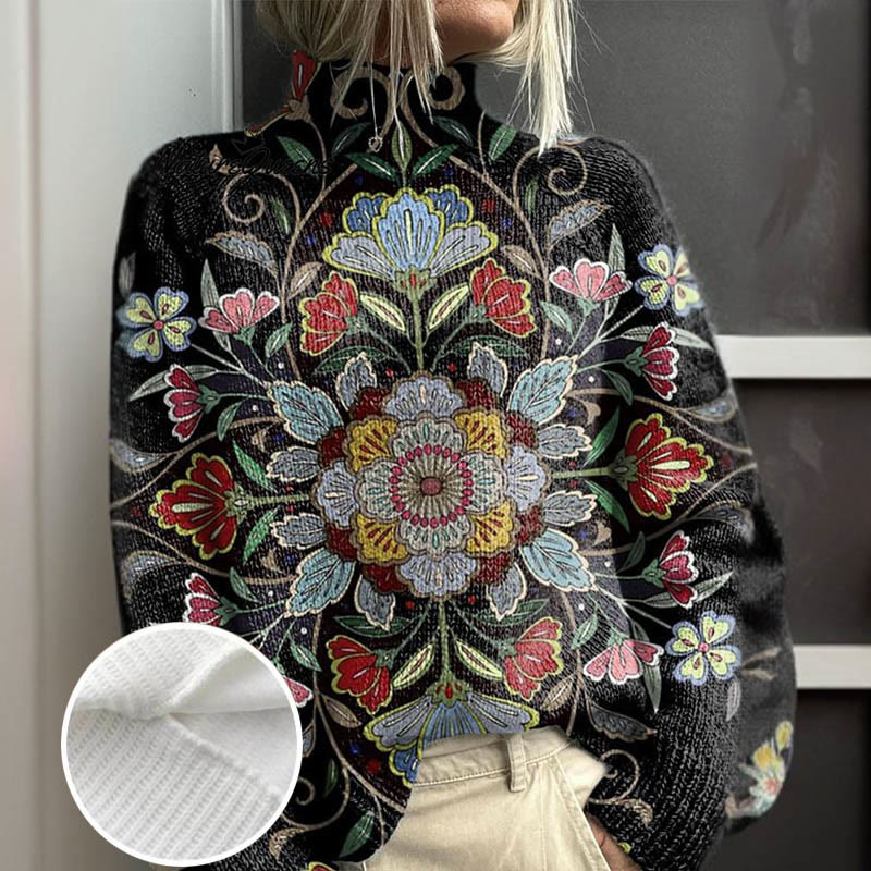 Women's Floral Art Print Turtleneck Pullover Sweater - Multicolor - 4XL - image 1