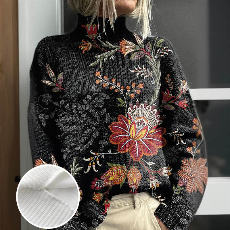 Women's Ethnic Floral Art Print Turtleneck Pullover Sweater - Black - 4XL - image 1