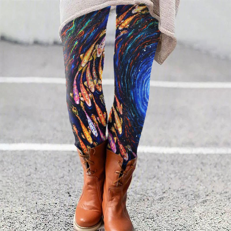 Fantasy Multi-color Starry Sky Koi Swirl Print Leggings - Multicolor - 5XL - image 1