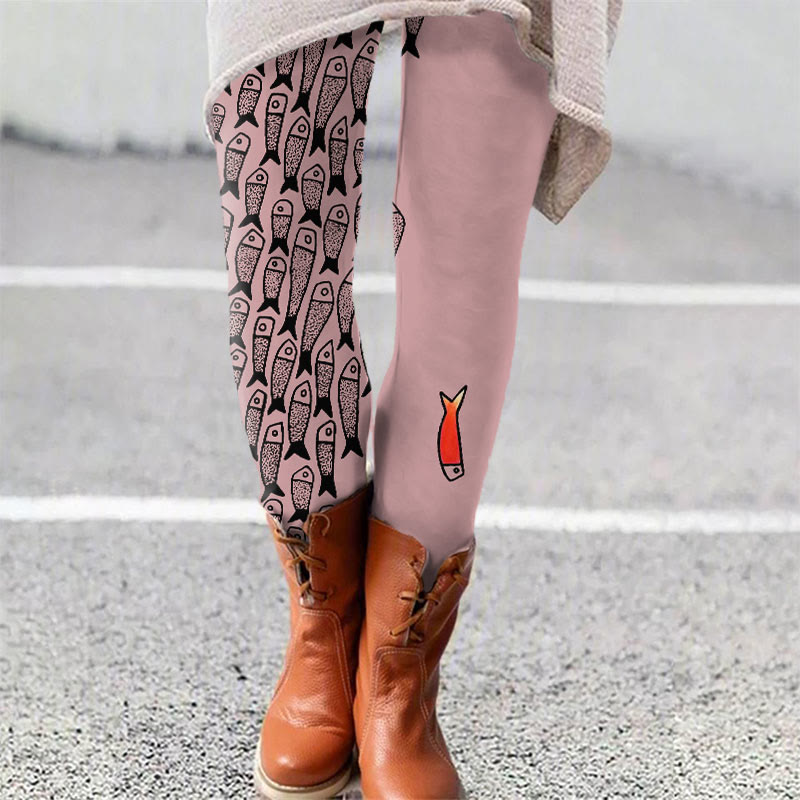 Cute Simple Lines Abstract Geometric Fish Art Print Leggings - Pink - 5XL - image 2