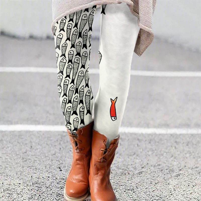 Cute Simple Lines Abstract Geometric Fish Art Print Leggings - White - 5XL - image 1