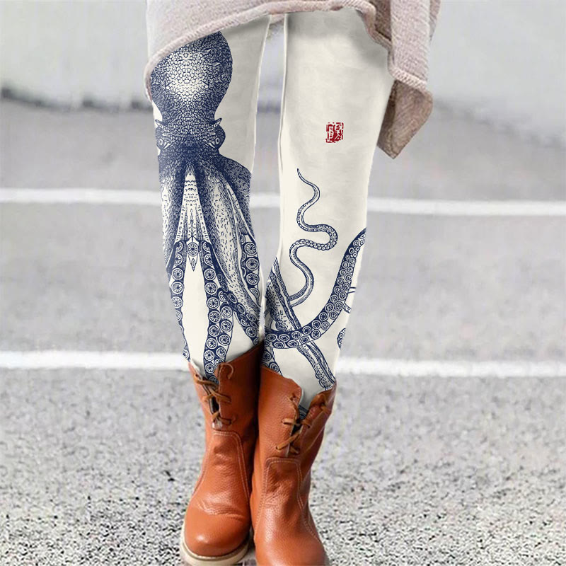 Japanese Art Octopus And Crab Print Leggings - White - 5XL - image 1