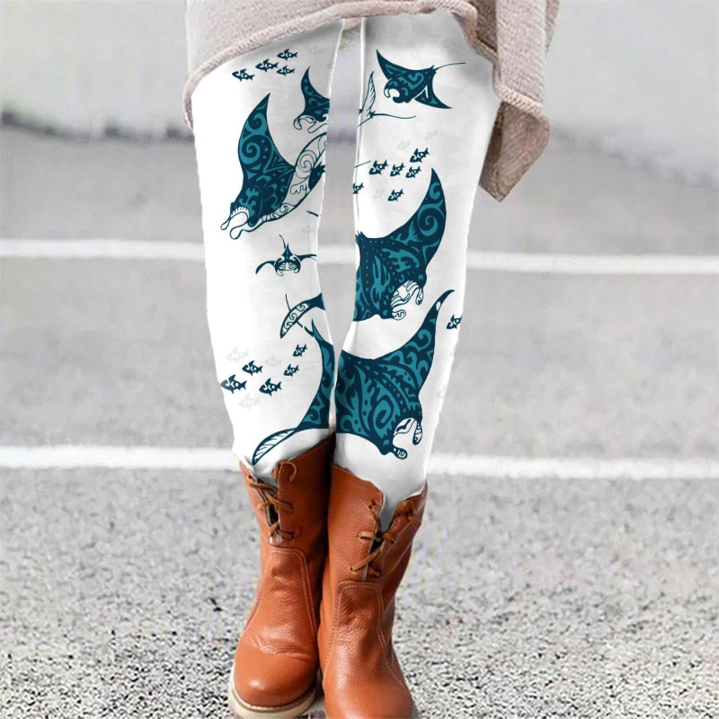 Retro Ethnic Pattern Manta Ray Art Print Leggings - White - 5XL - image 1