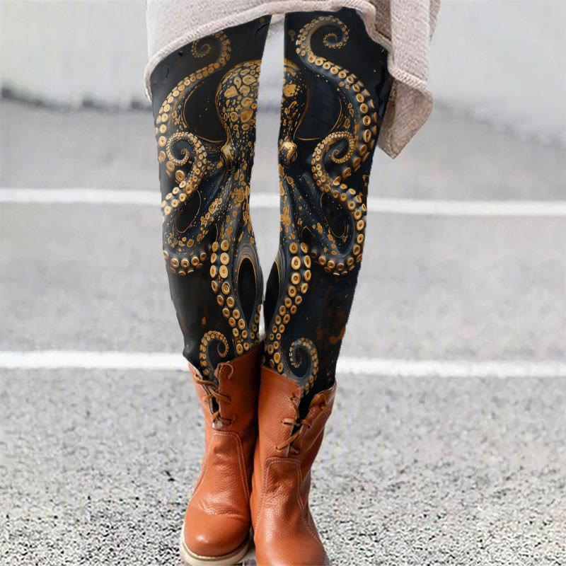Vintage Octopus Art Print Leggings - Black - 5XL - image 1
