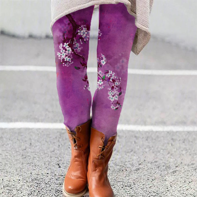 Japanese Antique Pear Blossom Ink Painting Print Leggings - Purple - 5XL - image 3
