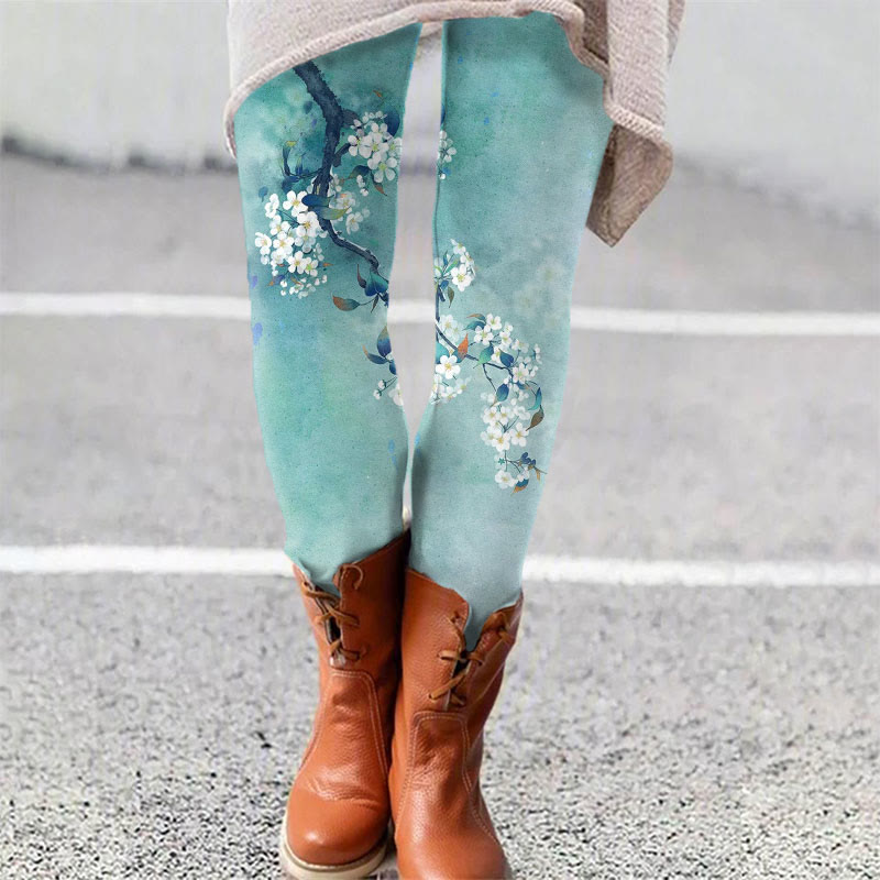 Japanese Antique Pear Blossom Ink Painting Print Leggings - Lake Blue - 5XL - image 1