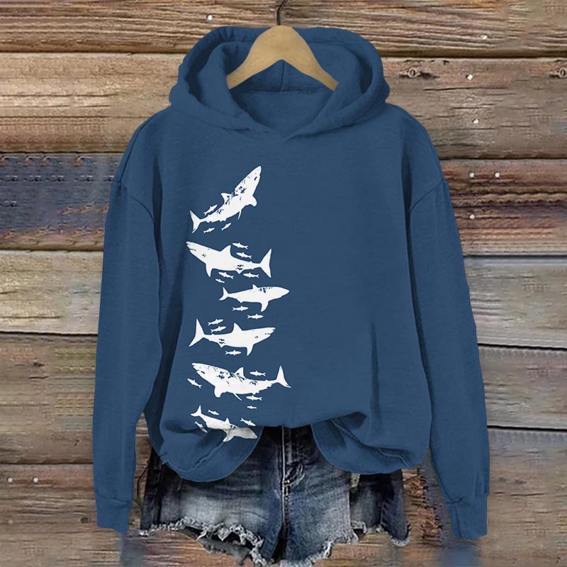 Minimalist Shark Art Print Long Sleeve Hoodie - Blue - 8XL - image 1