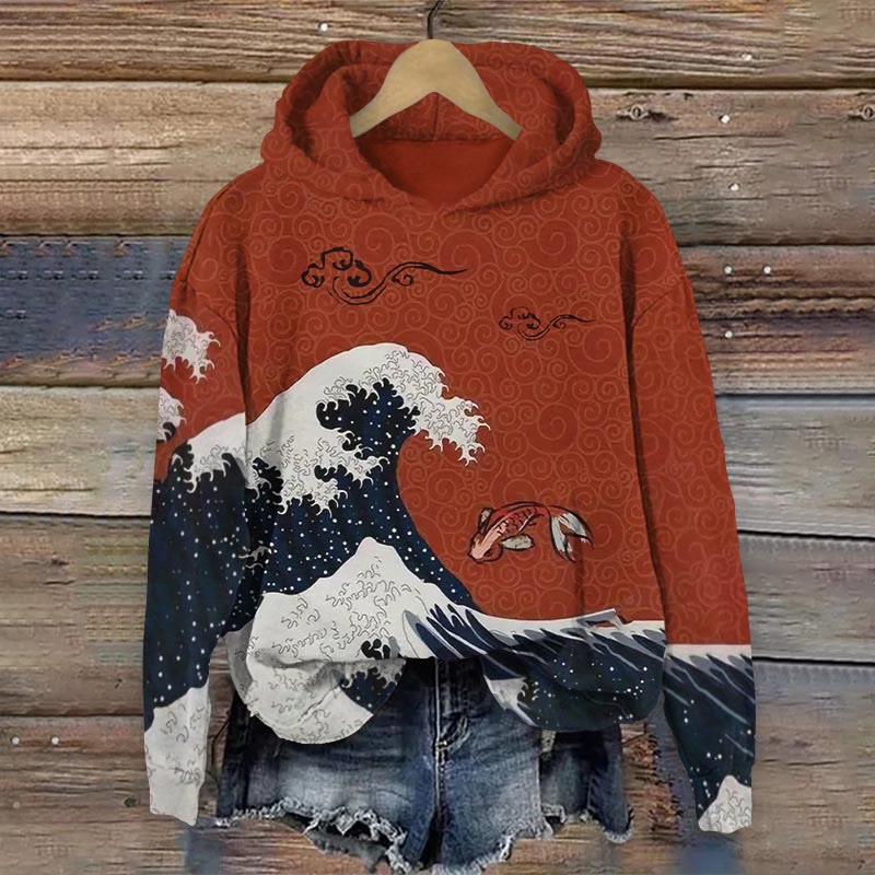 Retro Japanese Ukiyo-e Wave Koi Art Print Long Sleeve Hoodie - Red - 8XL - image 1