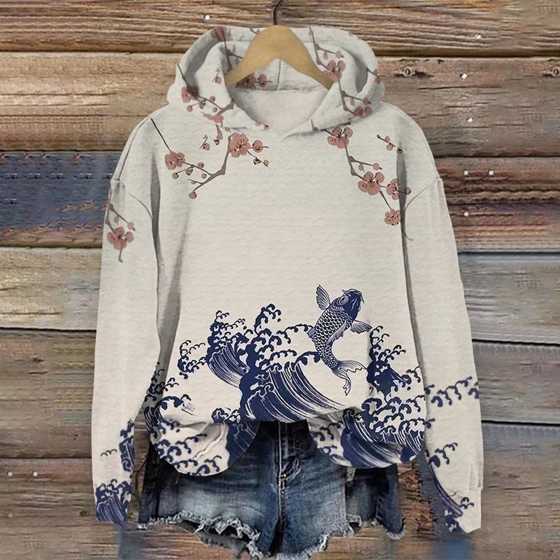 Retro Japanese Wave Koi Plum Blossom Art Print Long Sleeve Hoodie - Beige - 8XL - image 1