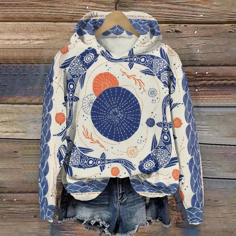 Retro Ethnic Fish Art Print Long Sleeve Hoodie - Blue - 8XL - image 1