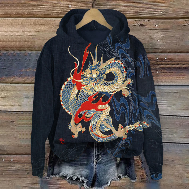 Vintage Dragon Art Print Long Sleeve Hoodie - Dark Blue - 8XL - image 1