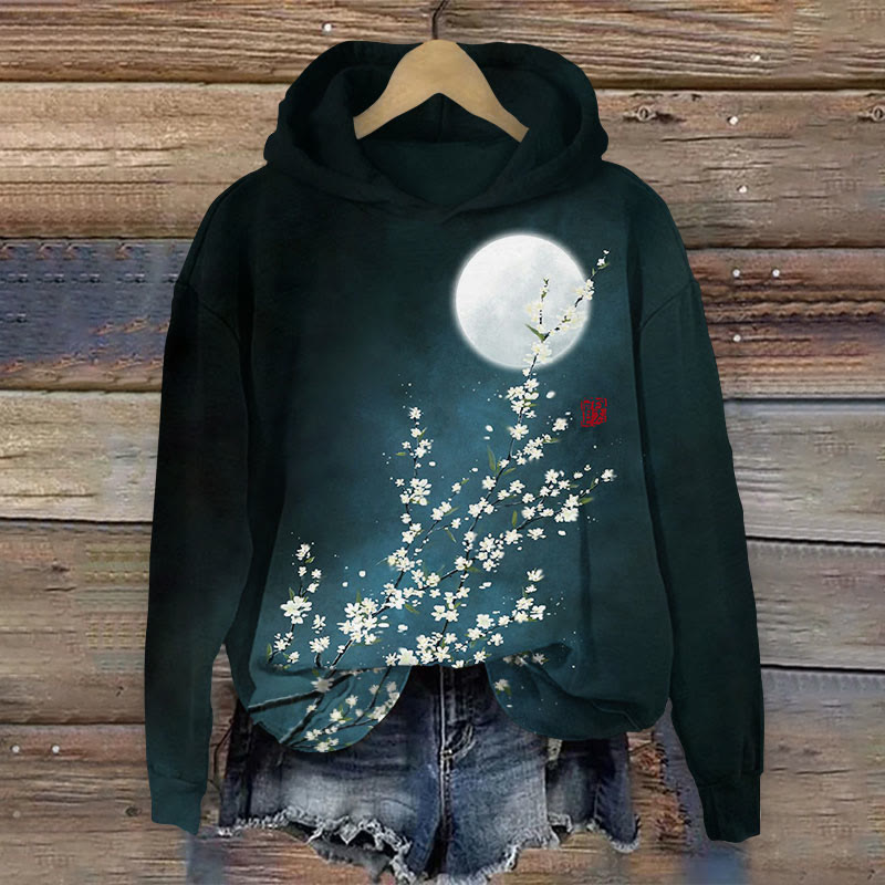 Retro Japanese Plum Blossom Moon Print Long Sleeve Hoodie - Dark Green - 8XL - image 1