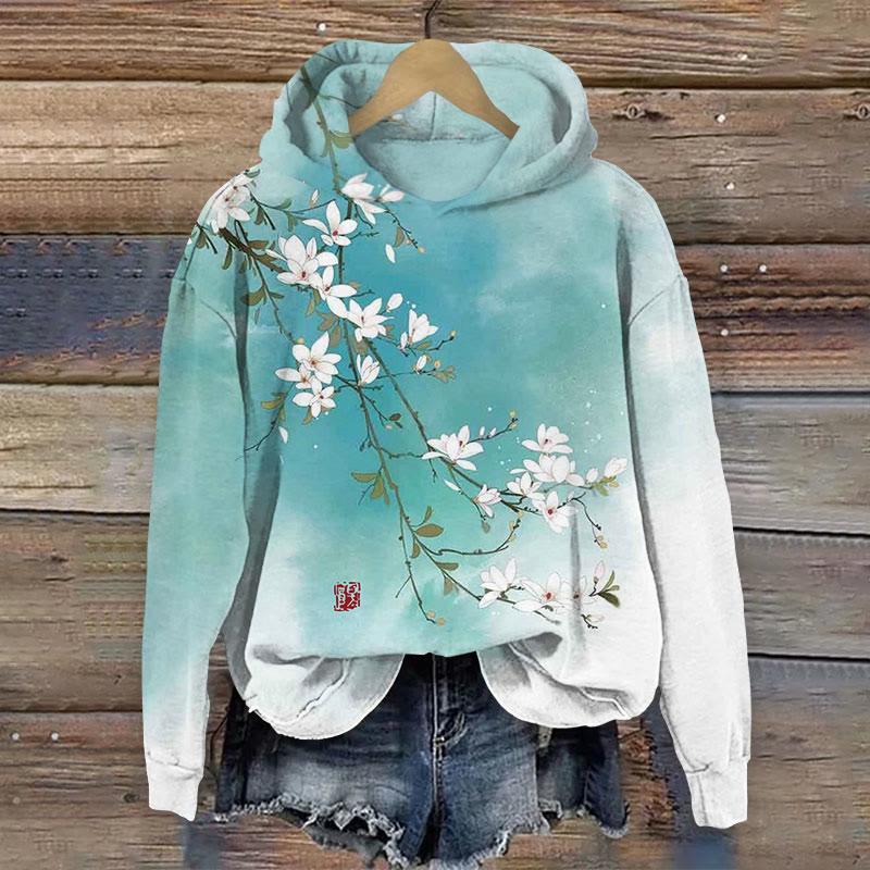 Retro Japanese Floral Watercolor Sfumato Print Long Sleeve Hoodie - Lake Blue - 8XL - image 1
