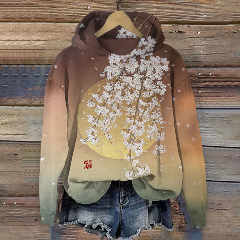 Retro Japanese Sakura Moon Ombre Art Print Long Sleeve Hoodie - Coffee - 8XL - image 1