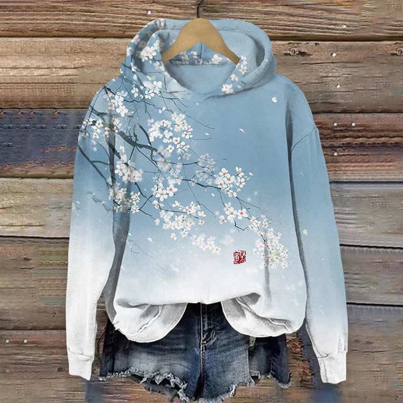 Retro Ombre Plum Blossom Print Long Sleeve Hoodie - Light Blue - 8XL - image 1