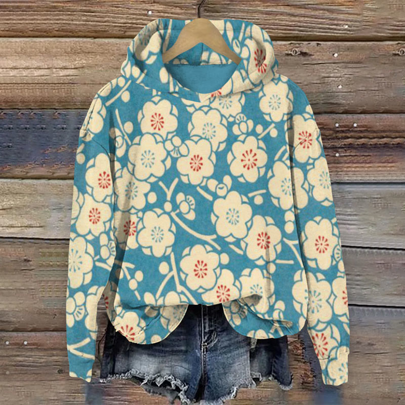 Retro Simple Plum Blossom Art Print Long Sleeve Hoodie - Blue - 8XL - image 1