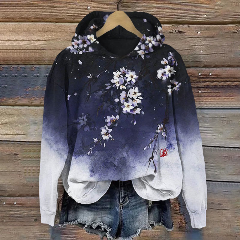 Retro Floral Watercolor Sfumato Art Print Long Sleeve Hoodie - Dark Blue - 8XL - image 1