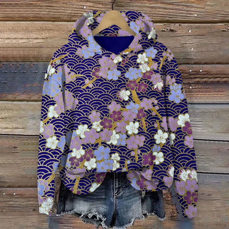 Japanese Traditional Line Wave Plum Blossom Art Print Long Sleeve Hoodie - Purple - 8XL - image 1