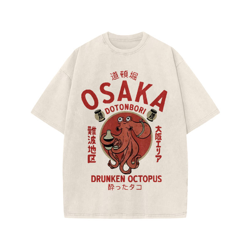 Unisex 100% Cotton OSAKA Dotonbori Octopus Vintage Print Acid Washed T-shirt - Apricot - 3XL - image 1