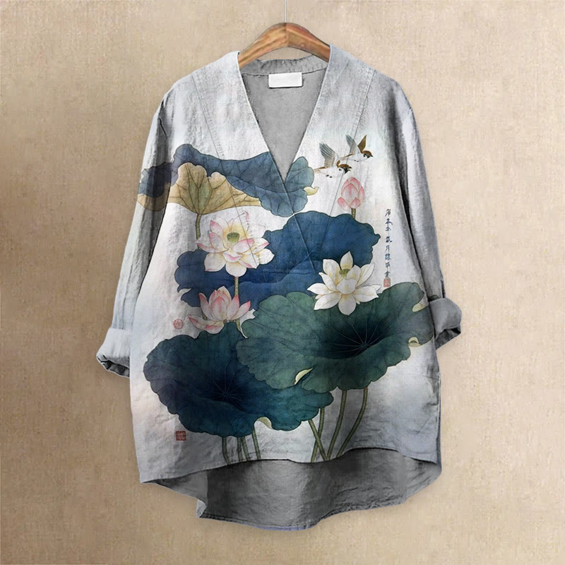 Japanese Vintage Lotus And Birds Art Printed Casual V-neck Blouse - Light Gray - 6XL - image 1