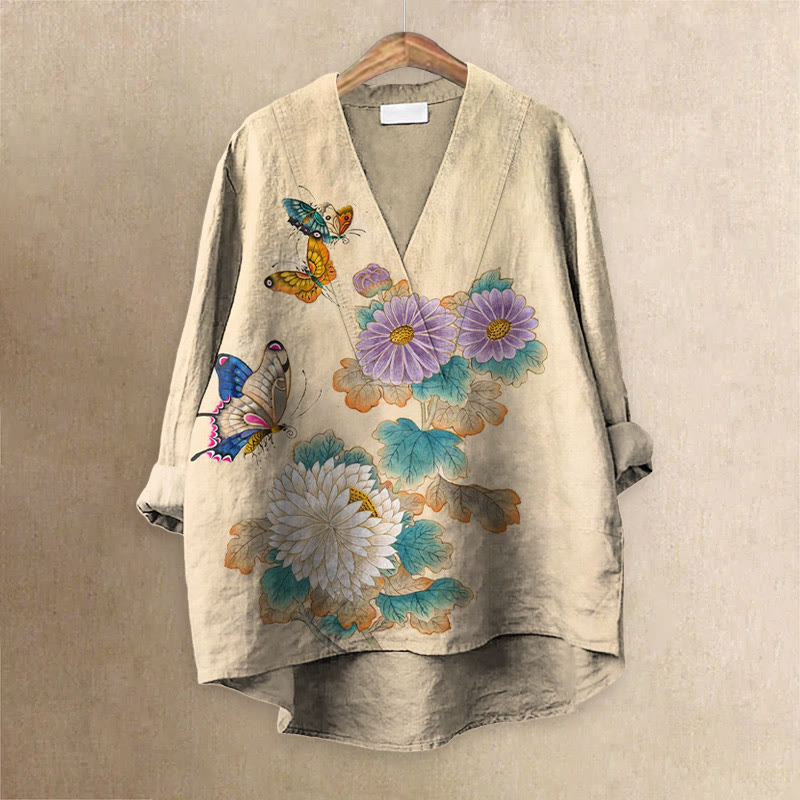 Japanese Vintage Lovely Butterfly And Chrysanthemum Printed Casual V-neck Blouse - Khaki - 6XL - image 1