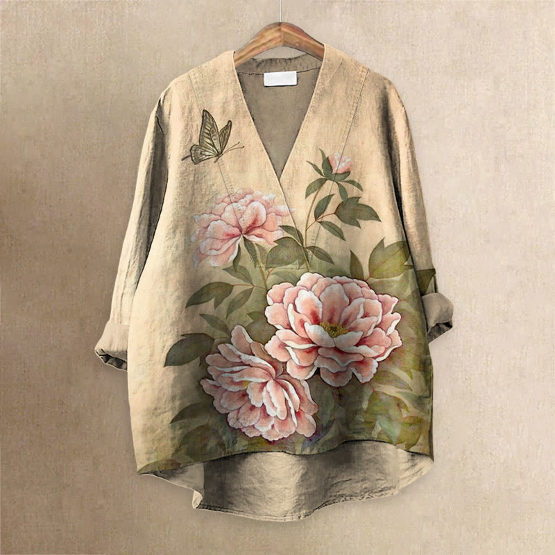 Japanese Vintage Cute Peony Blossom And Butterfly Printed Casual V-neck Blouse - Khaki - 6XL - image 1