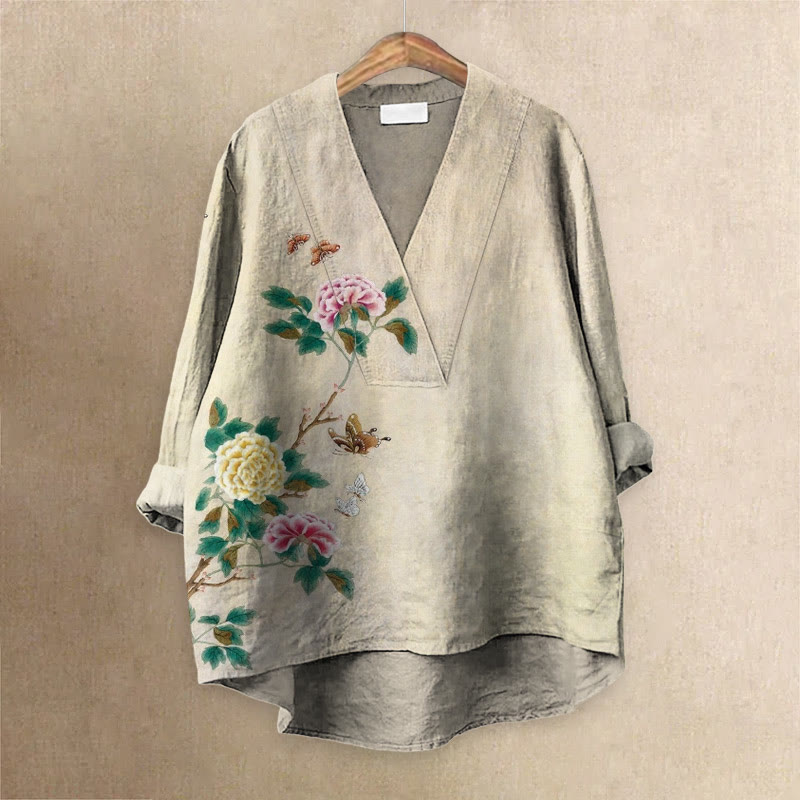 Japanese Vintage Peony Blossom & Butterfly Embroidery Printed Casual V-neck Blouse - Khaki - 6XL - image 1