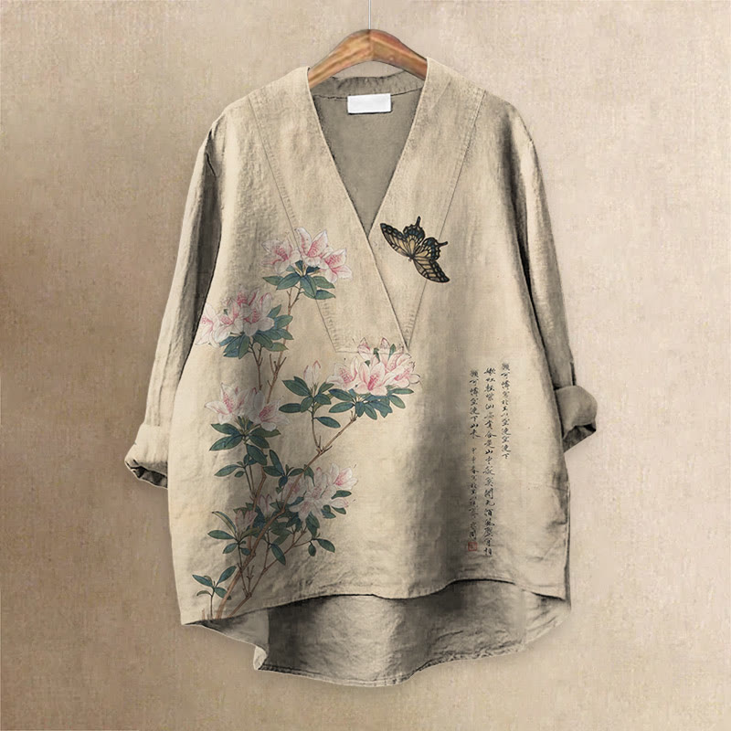 Japanese Vintage Butterfly And Flower Art Printed Casual V-neck Blouse - Khaki - 6XL - image 1