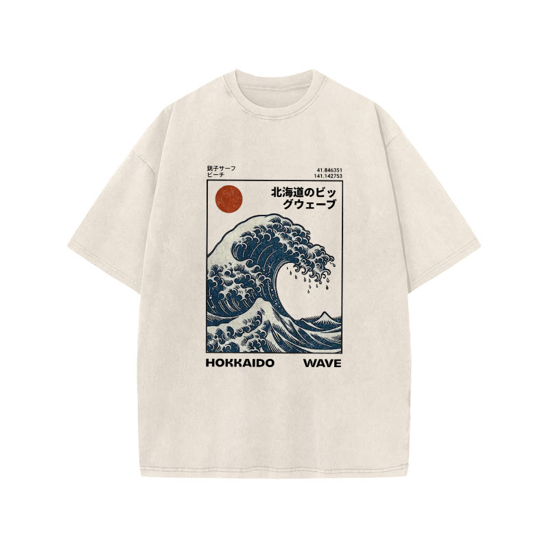 Unisex 100% Cotton Hokkaido Wave Vintage Print Acid Washed T-shirt - White - 3XL - image 1