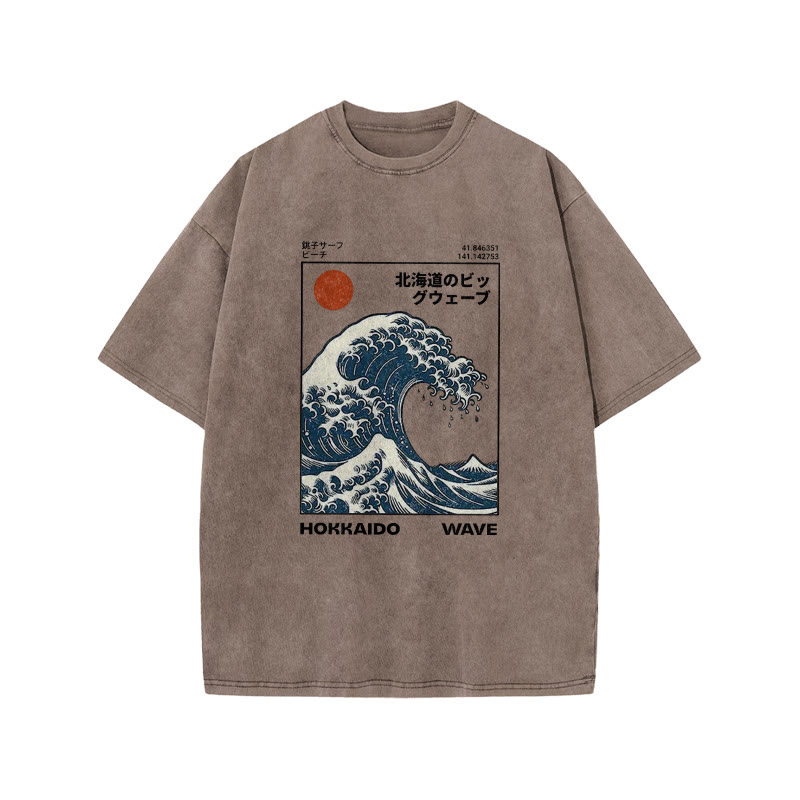 Unisex 100% Cotton Hokkaido Wave Vintage Print Acid Washed T-shirt - Coffee - 3XL - image 4