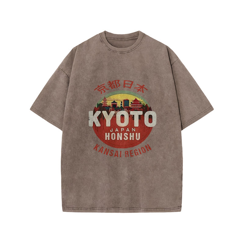 Unisex 100% Cotton Kyoto Japan Honshu Kansai Region Vintage Print Acid Washed T-shirt - Coffee - 3XL - image 4