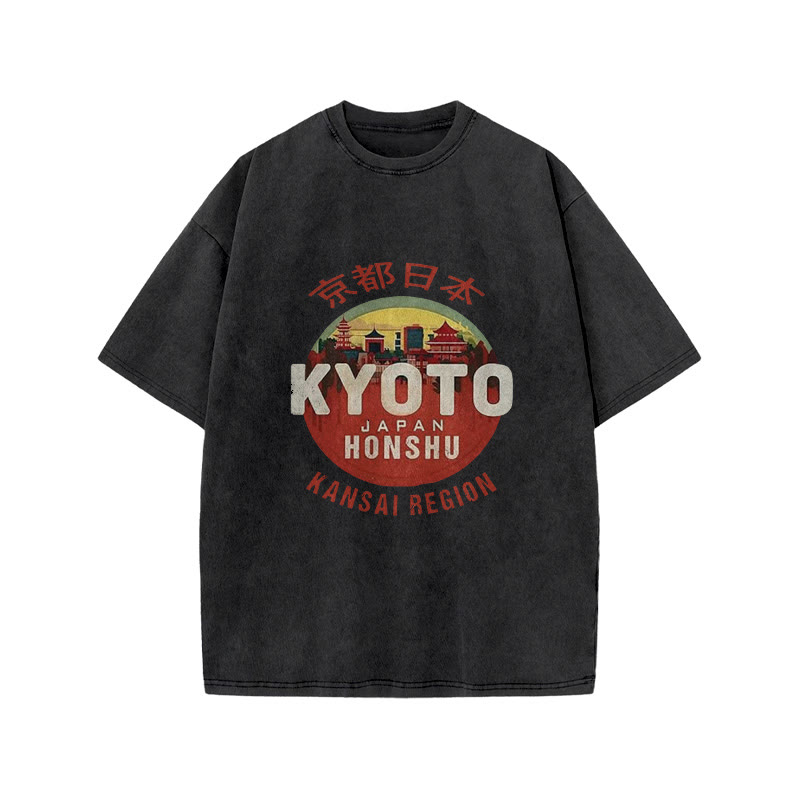 Unisex 100% Cotton Kyoto Japan Honshu Kansai Region Vintage Print Acid Washed T-shirt - Black - 3XL - image 1