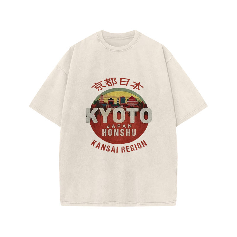 Unisex 100% Cotton Kyoto Japan Honshu Kansai Region Vintage Print Acid Washed T-shirt - White - 3XL - image 2