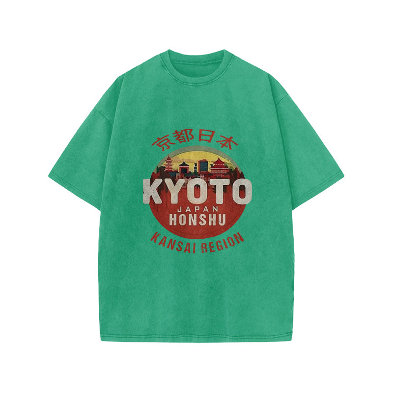 Unisex 100% Cotton Kyoto Japan Honshu Kansai Region Vintage Print Acid Washed T-shirt - Green - 3XL - image 7