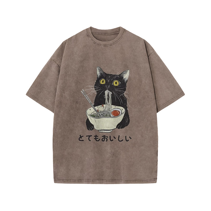 Unisex 100% Cotton Cats Eat Ramen Noodles Vintage Print Acid Washed T-shirt - Coffee - 3XL - image 4