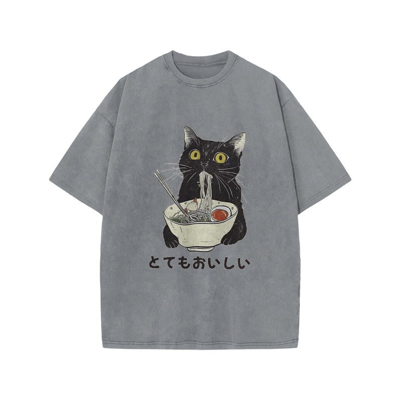 Unisex 100% Cotton Cats Eat Ramen Noodles Vintage Print Acid Washed T-shirt - Grey - 3XL - image 2
