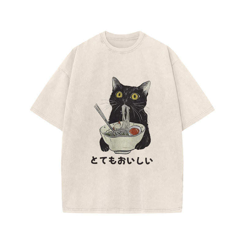 Unisex 100% Cotton Cats Eat Ramen Noodles Vintage Print Acid Washed T-shirt - White - 3XL - image 1