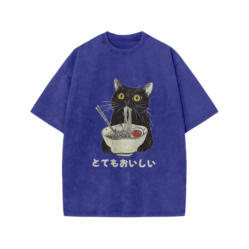 Unisex 100% Cotton Cats Eat Ramen Noodles Vintage Print Acid Washed T-shirt - Blue - 3XL - image 6