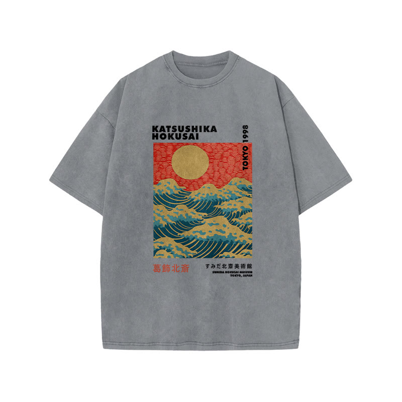 Unisex 100% Cotton Katsushika Hokusai Vintage Print Acid Washed T-shirt - Grey - 3XL - image 2