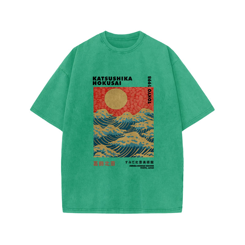 Unisex 100% Cotton Katsushika Hokusai Vintage Print Acid Washed T-shirt - Green - 3XL - image 7
