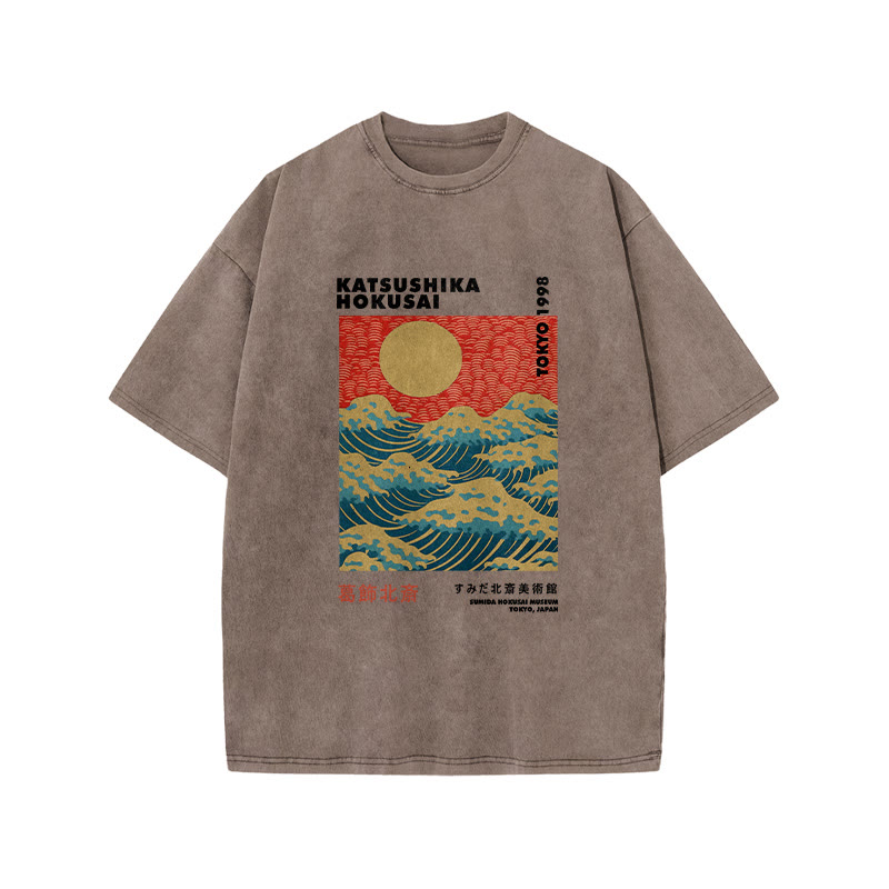Unisex 100% Cotton Katsushika Hokusai Vintage Print Acid Washed T-shirt - Coffee - 3XL - image 4