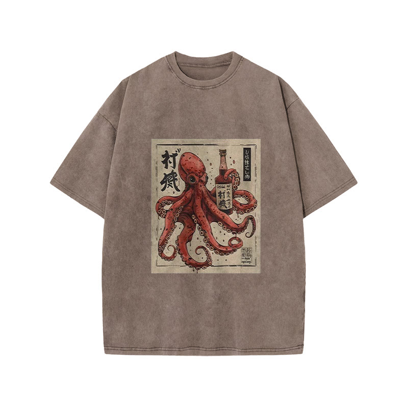 Unisex 100% Cotton Osaka Saké Octopus Vintage Print Acid Washed T-shirt - Coffee - 3XL - image 4