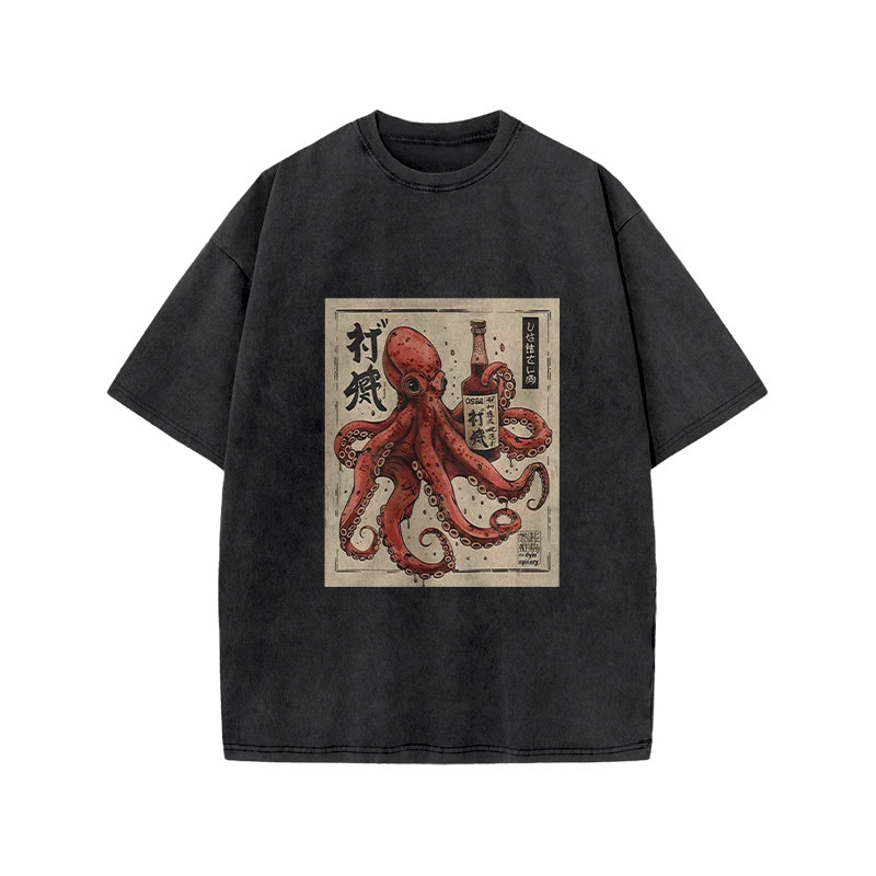 Unisex 100% Cotton Osaka Saké Octopus Vintage Print Acid Washed T-shirt - Black - 3XL - image 1