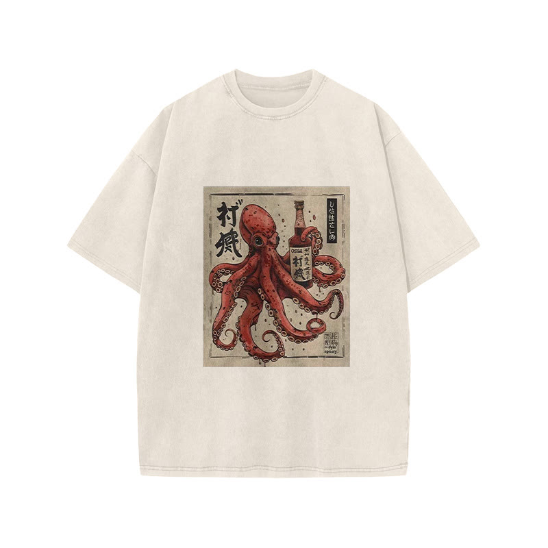 Unisex 100% Cotton Osaka Saké Octopus Vintage Print Acid Washed T-shirt - White - 3XL - image 2